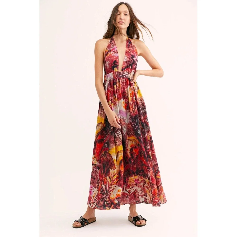 Free People Mika‎ Sunset Dreams Open Back Maxi Halter Boho Resort Dress Small